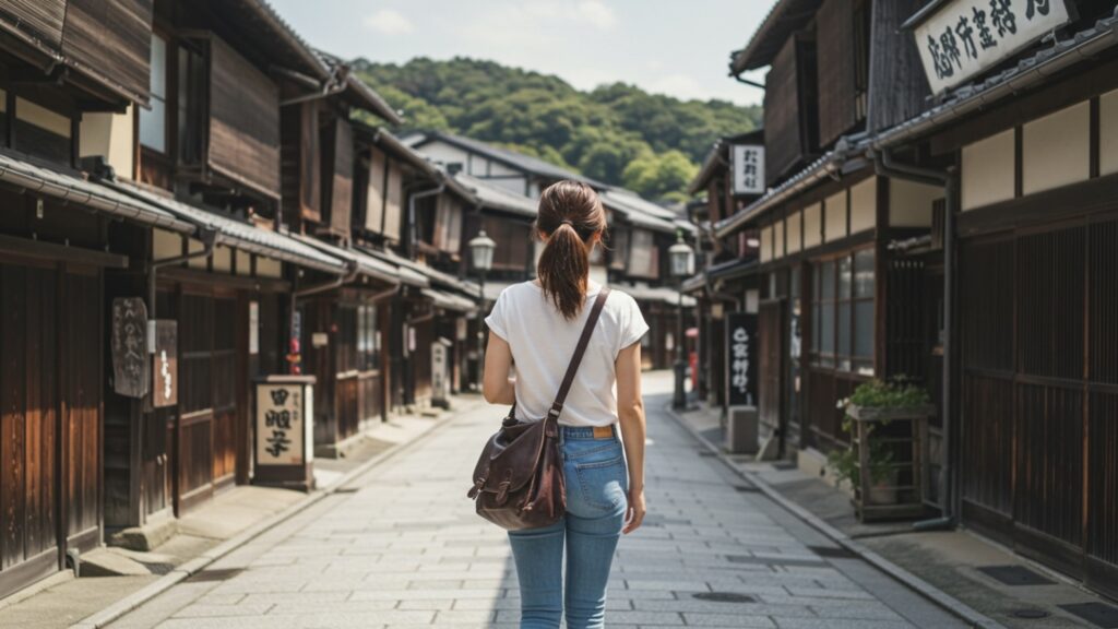 昭和レトロの観光スポットに行く女性