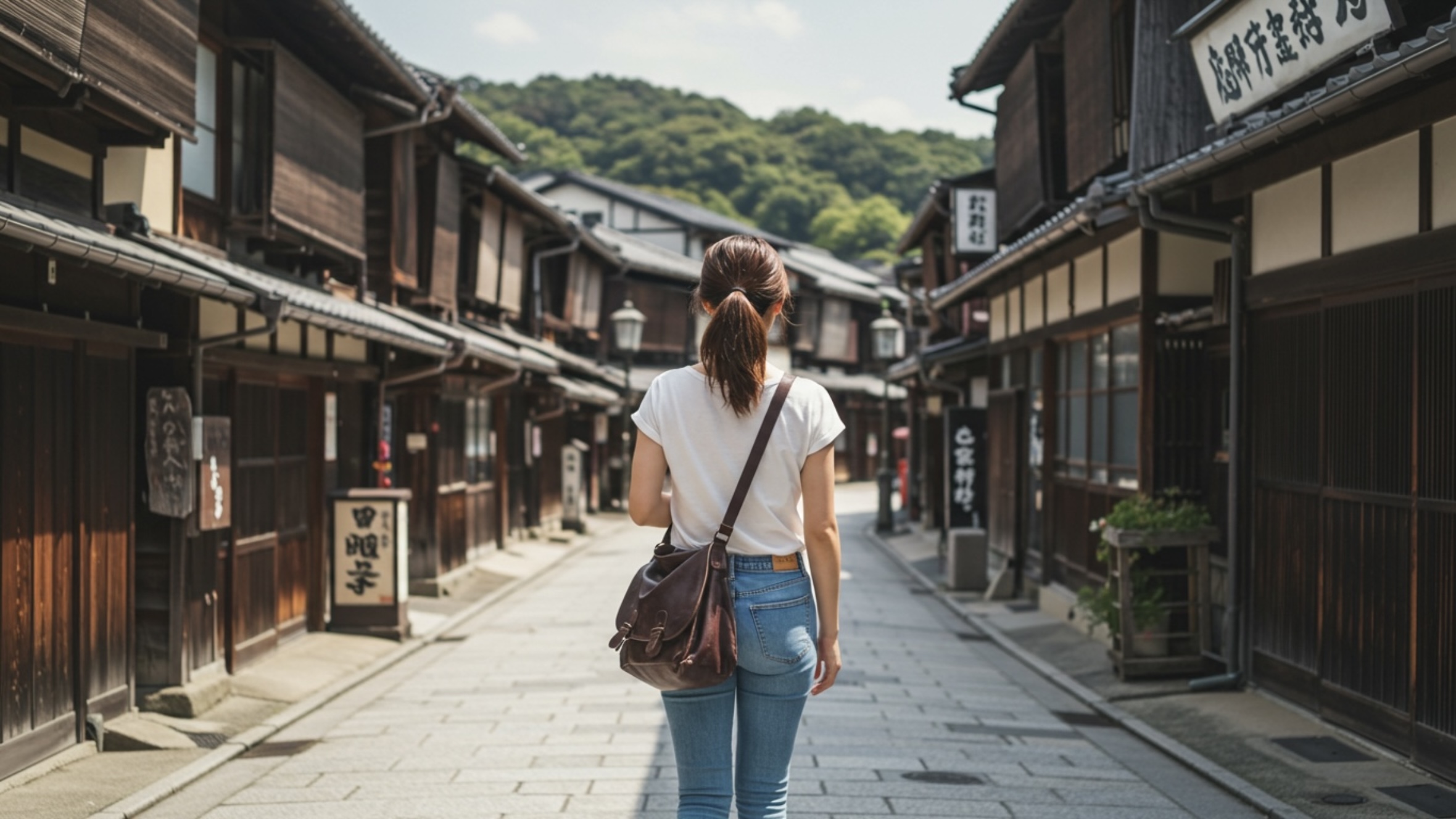 昭和レトロの観光スポットに行く女性