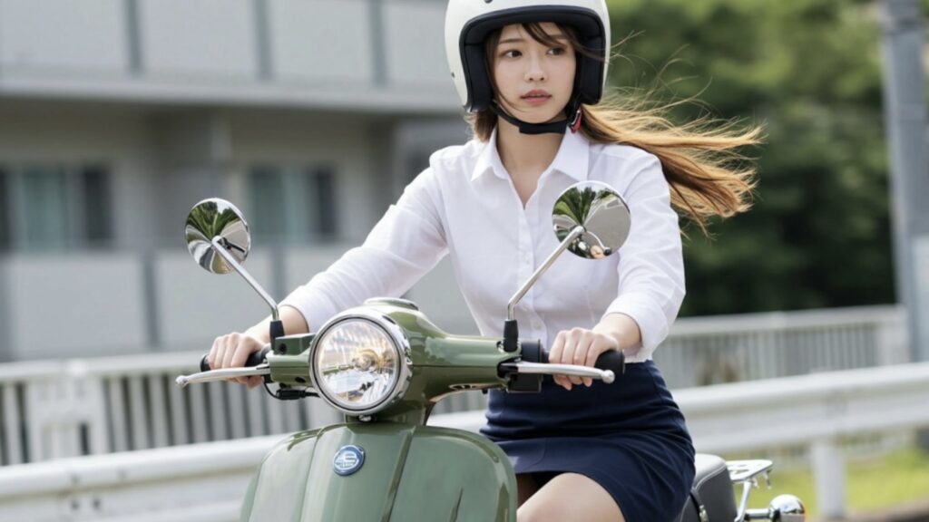 折り畳める特徴のEVバイク50ccブレイズスマートEV・スクーターに乗る女性
