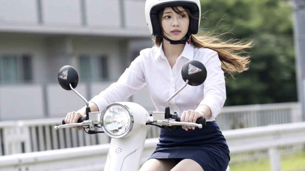 折りたたみ電動バイク「ブレイズスマートEV」に乗って出勤する女性
