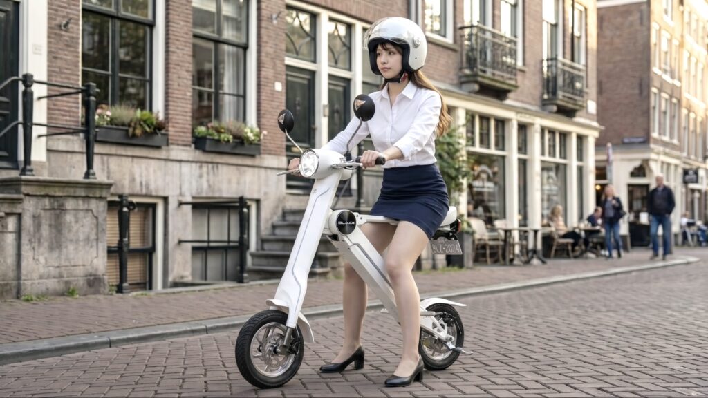 折りたたみ電動バイク「ブレイズスマートEV」に乗って帰宅する女性