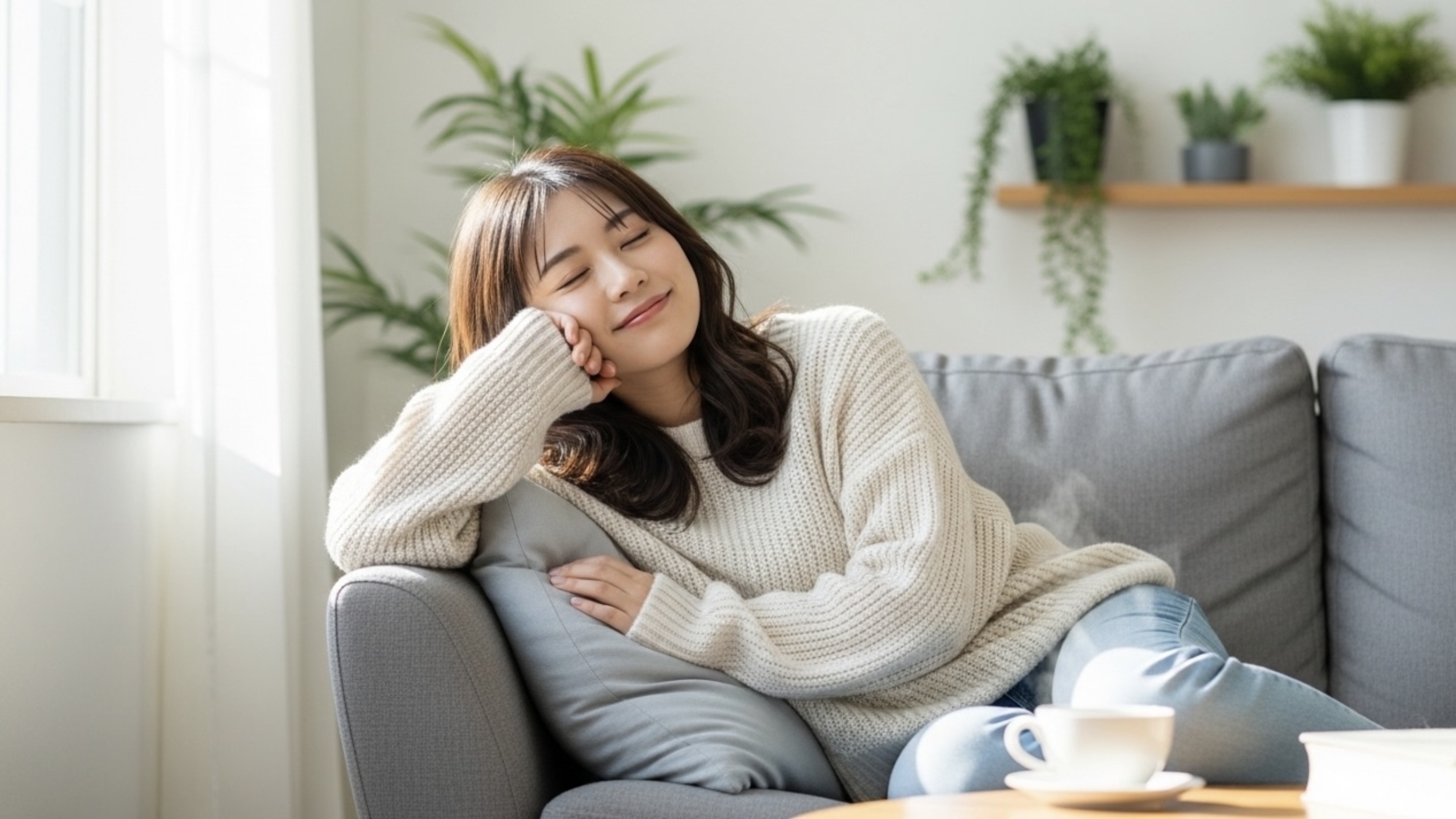 賃貸物件サイト・部屋まる。を利用して初めての上京生活でお気に入りのお部屋探しができて安心して眠る女性