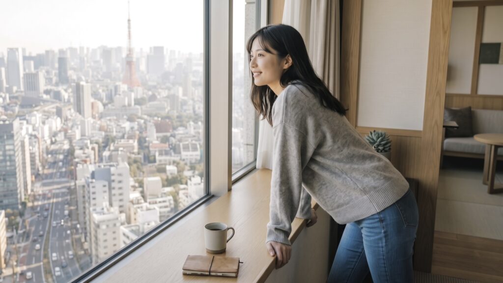 一人暮らしの通勤手段を出張先のホテルで考える若い女性